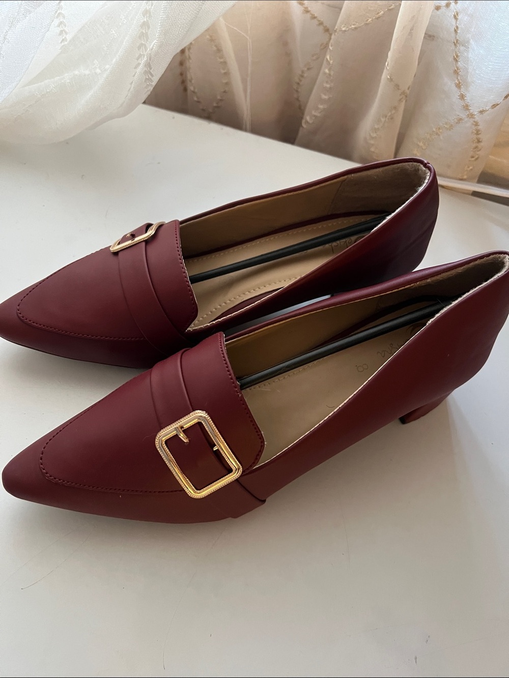Pointed Buckle Loafer Heels in Burgundy
